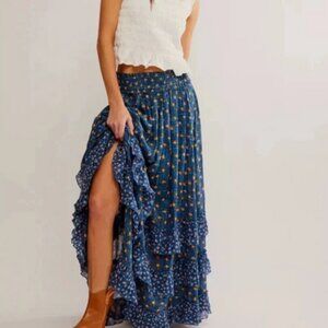 Free People Brynn Printed Maxi Skirt Smocked Tiered Ruffle Mid Rise S